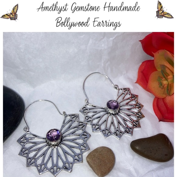 Elegant Amethyst Gemstone Handmade Winged Goddess Earrings - Picture 1 of 3